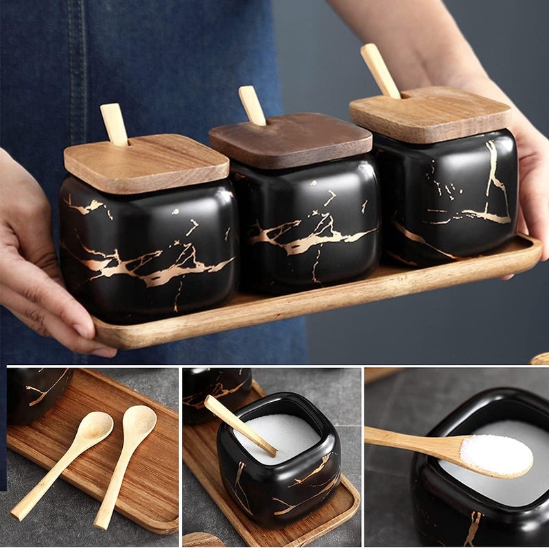 JFFLYIT 3 Pcs Porcelain Condiment Jar Pot Spice Container Ceramic Seasoning Jar with Lid Spoon and Tray Great for Home Kitchen Counter, Black - Image 4