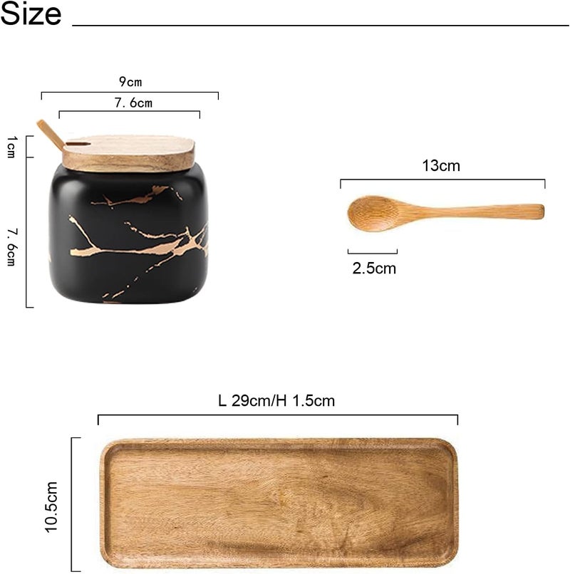 JFFLYIT 3 Pcs Porcelain Condiment Jar Pot Spice Container Ceramic Seasoning Jar with Lid Spoon and Tray Great for Home Kitchen Counter, Black - Image 2