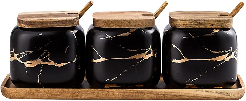 JFFLYIT 3 Pcs Porcelain Condiment Jar Pot Spice Container Ceramic Seasoning Jar with Lid Spoon and Tray Great for Home Kitchen Counter, Black - Image 1