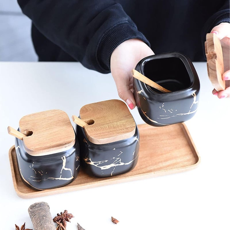 JFFLYIT 3 Pcs Porcelain Condiment Jar Pot Spice Container Ceramic Seasoning Jar with Lid Spoon and Tray Great for Home Kitchen Counter, Black - Image 3