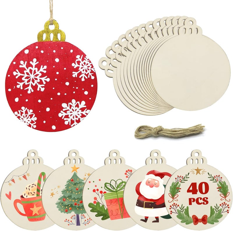 Hidreas 40 Pcs Unfinished Wood Ornaments DIY Round Wooden Ornaments Christmas Crafts Kit, Round Wood Christmas Ornaments for Crafts and Christmas Holiday Hanging Decorations - Image 1