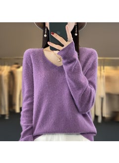 Pure Color 100% Wool Autumn/winter Cropped V-neck Pullover Sweater Base Layer Top Purple
