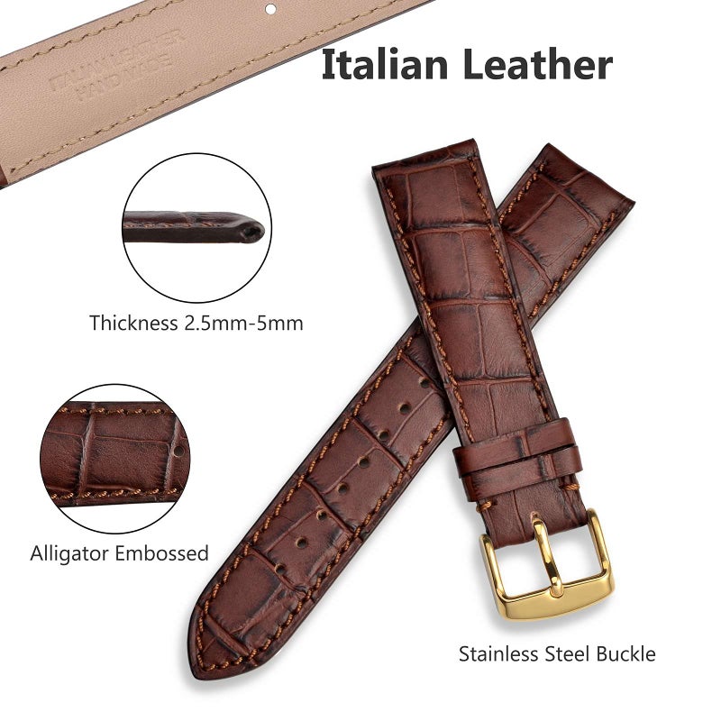 WOCCI 21mm Watch Band, Italian Leather, Embossed Alligator Grain, Gold Buckle (Brown) - Image 2