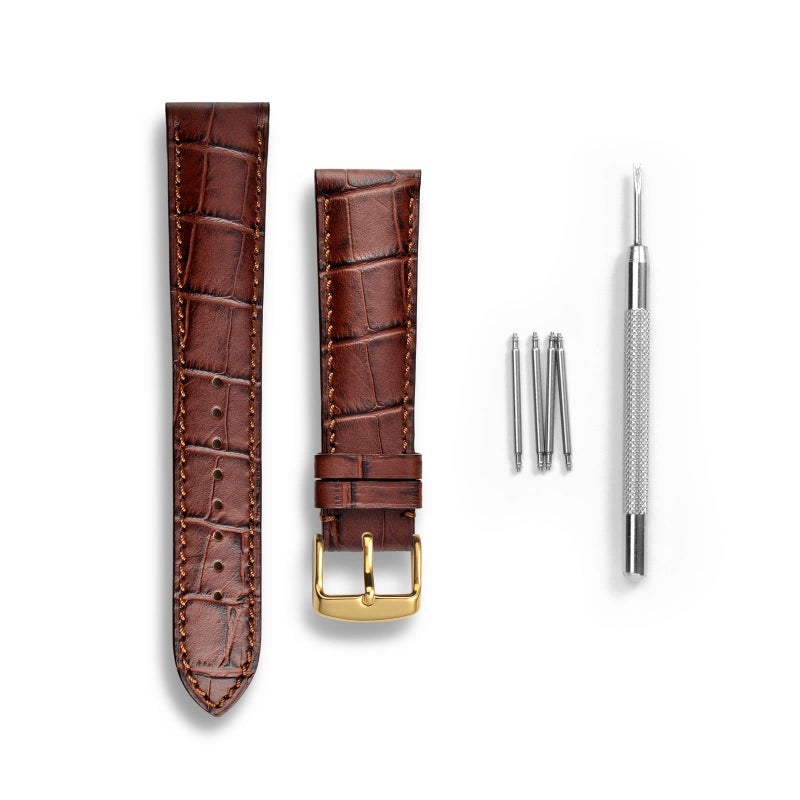 WOCCI 21mm Watch Band, Italian Leather, Embossed Alligator Grain, Gold Buckle (Brown) - Image 3