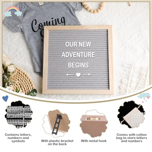 Canlierr 9 Pcs Pregnancy Announcement Set Pregnancy Reveal Ideas Felt Letter Board Baby Bodysuit Booties Photo Frame Bear Plush Wood Blocks for Coming Soon Baby Announcement(Gray) - Image 3