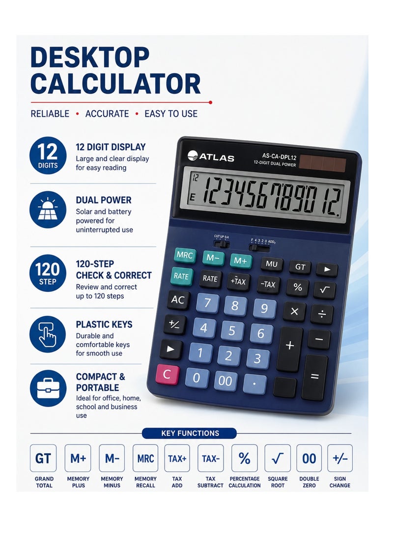 ATLAS Desktop Calculator With 12 Digit Display And Plastic Cover - Image 3