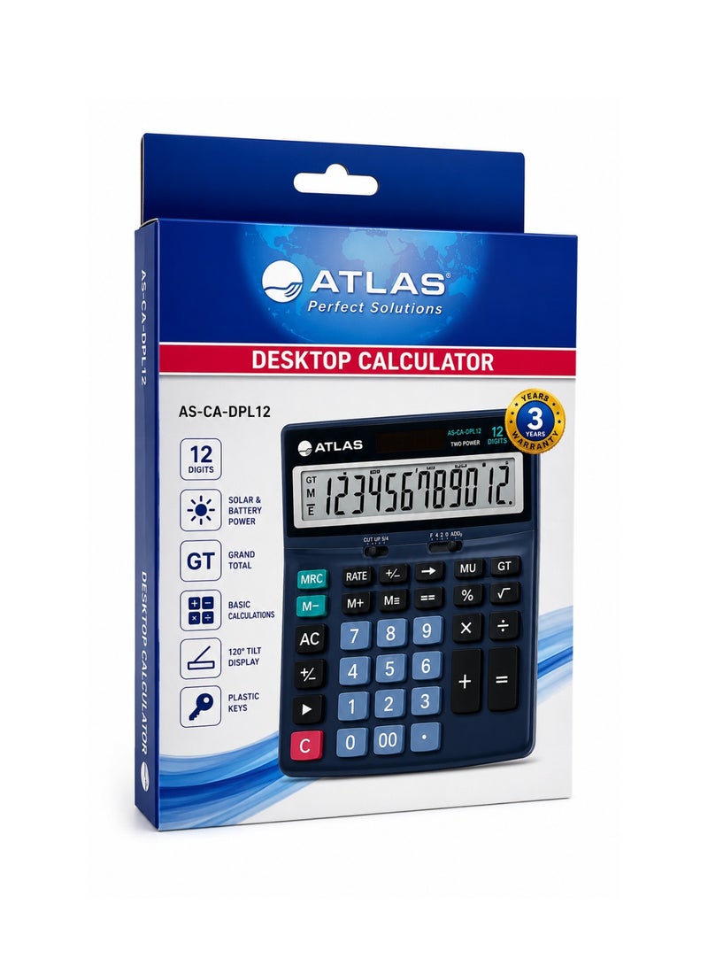 ATLAS Desktop Calculator With 12 Digit Display And Plastic Cover - Image 1
