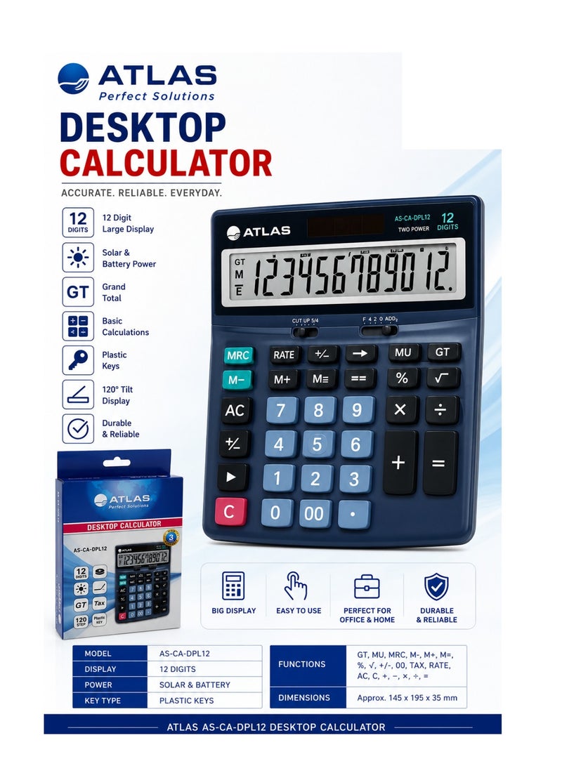 ATLAS Desktop Calculator With 12 Digit Display And Plastic Cover - Image 2