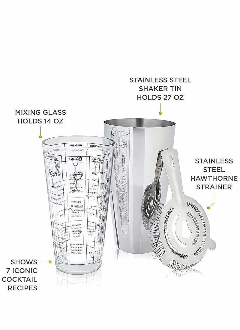SYOSI Boston Cocktail Shaker 3 Piece Professional Shaker Bar Set for Professional Bartenders and Home Cocktail Lover Bartending Essential Tools 14oz Mixing Glass 27oz Shaking Tin and Hawthorne Strainer  - Image 2