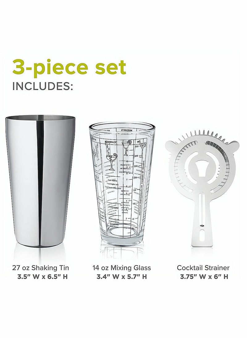 SYOSI Boston Cocktail Shaker 3 Piece Professional Shaker Bar Set for Professional Bartenders and Home Cocktail Lover Bartending Essential Tools 14oz Mixing Glass 27oz Shaking Tin and Hawthorne Strainer  - Image 3