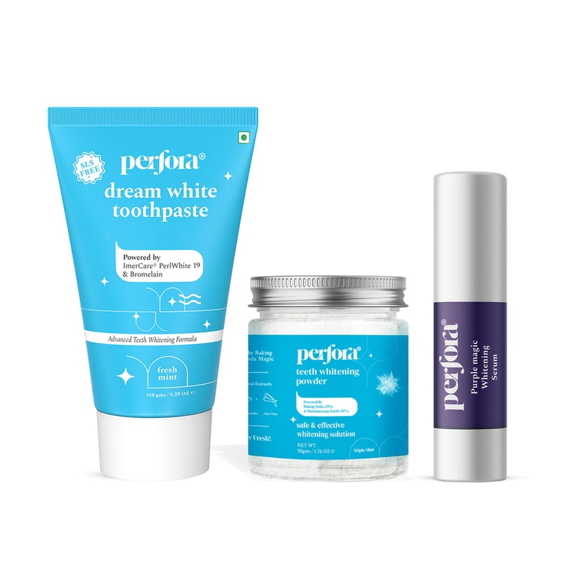 Perfora مجموعة بيرفورا وايت المثالية | سيروم تبييض سحري بنفسجي، مسحوق تبييض الأسنان ومعجون الأسنان دريم وايت | مصحح لون v34 للأسنان | حل تبييض الأسنان آمن وفعال | عبوة من 3 - Image 1