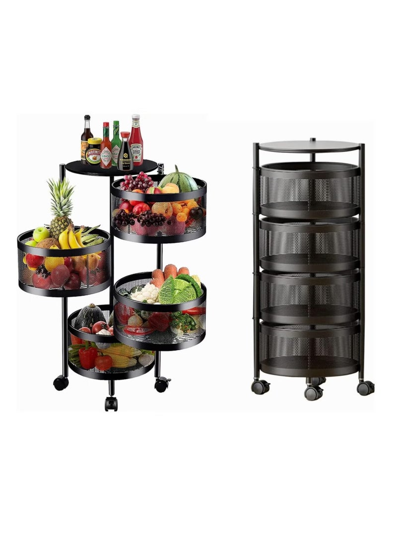 Raxoom Rotating Storage Rack Shelves 4 Tier Round Rotating Vegetable Rack Fruit Basket Storage Trolley Rotating Storage Shelves for Kitchen Grocery Corns Potatoes(Black) - Image 1
