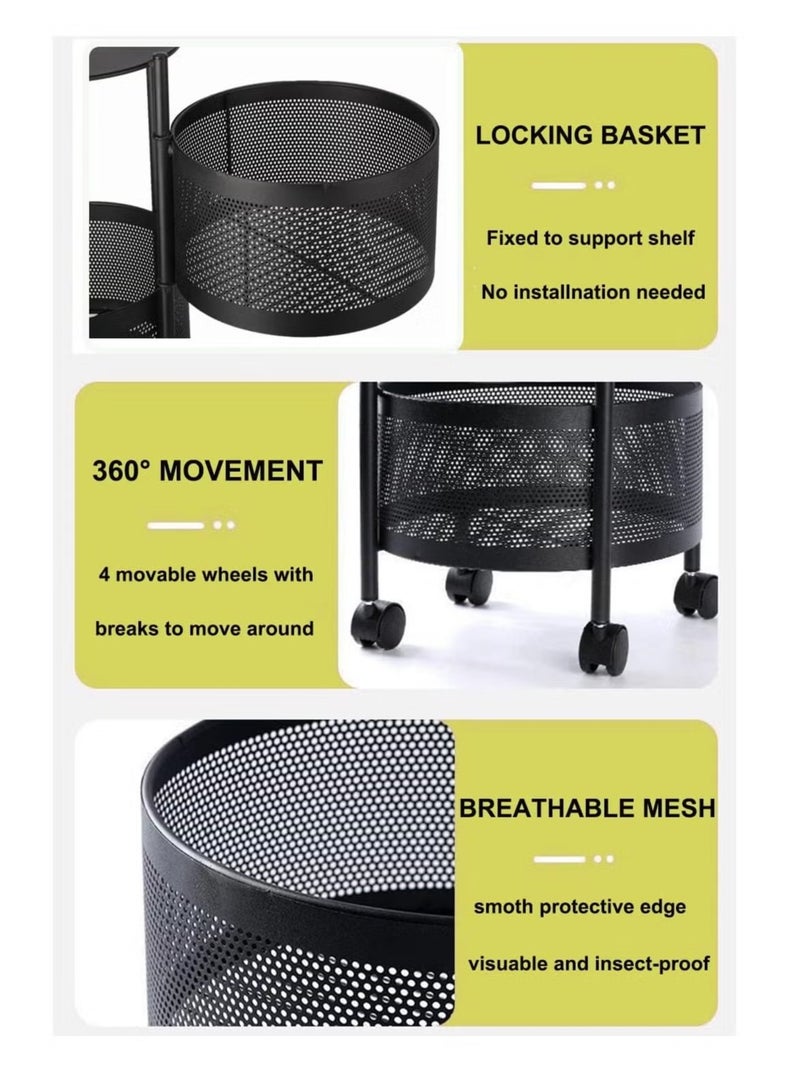 Raxoom Rotating Storage Rack Shelves 4 Tier Round Rotating Vegetable Rack Fruit Basket Storage Trolley Rotating Storage Shelves for Kitchen Grocery Corns Potatoes(Black) - Image 4