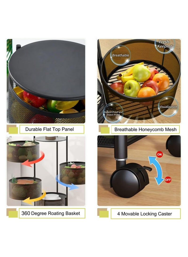 Raxoom Rotating Storage Rack Shelves 4 Tier Round Rotating Vegetable Rack Fruit Basket Storage Trolley Rotating Storage Shelves for Kitchen Grocery Corns Potatoes(Black) - Image 5