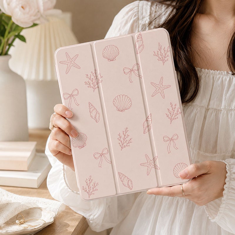 Tablet Case for iPad, Pink Seashell Bow Lineart Toss, iPad Case for Mini Air Pro 4 5 6 7 8 9 10 11 12, Suitable for 7.9 8.3 9.7 10.2 10.5 10.9 11 12.9 13 inch Clear Shockproof Protective with Stand - Image 1