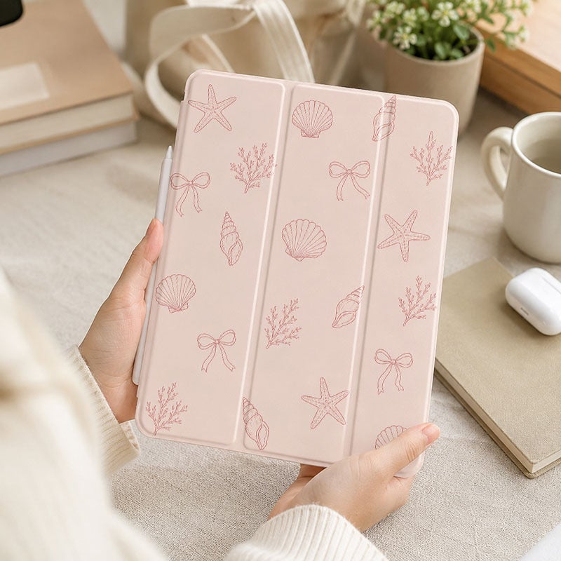 Tablet Case for iPad, Pink Seashell Bow Lineart Toss, iPad Case for Mini Air Pro 4 5 6 7 8 9 10 11 12, Suitable for 7.9 8.3 9.7 10.2 10.5 10.9 11 12.9 13 inch Clear Shockproof Protective with Stand - Image 5