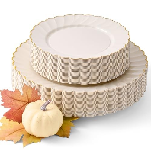 By Madee HEAVYWEIGHT 60 Pc Thanksgiving Plates Disposable – Ivory Scalloped Plates with Gold Trim | 30 Dinner & 30 Dessert for Party, Fall & Friendsgiving (30 Guests) - Image 1