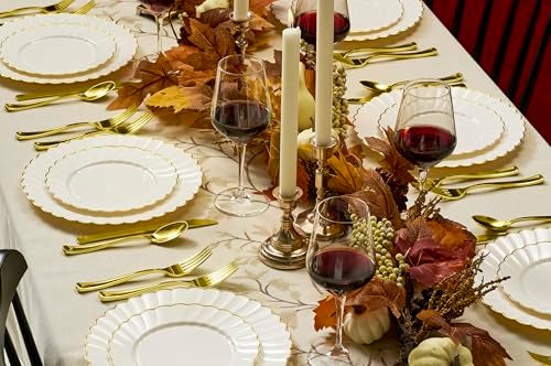 By Madee HEAVYWEIGHT 60 Pc Thanksgiving Plates Disposable – Ivory Scalloped Plates with Gold Trim | 30 Dinner & 30 Dessert for Party, Fall & Friendsgiving (30 Guests) - Image 2