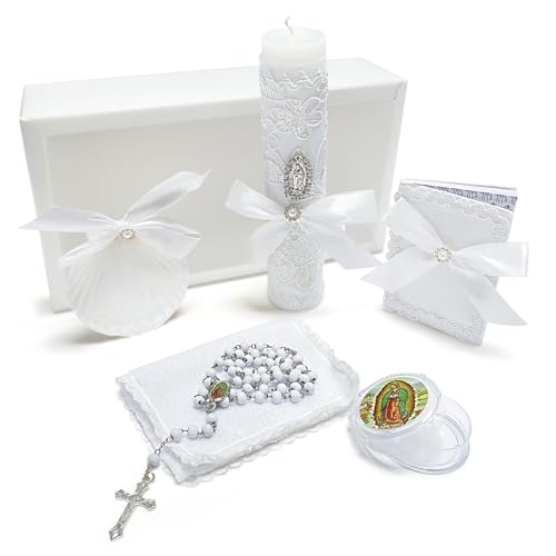 Brilucky Baptism Candle Set for Boys Girls,White 5 PCS Baptism Kit Catholic Candle,Baptismal Towel,Baptismal Shell,Rosary andBible for Baby Dedication Christening Gift,Velas para Bautizo Niño - Image 1
