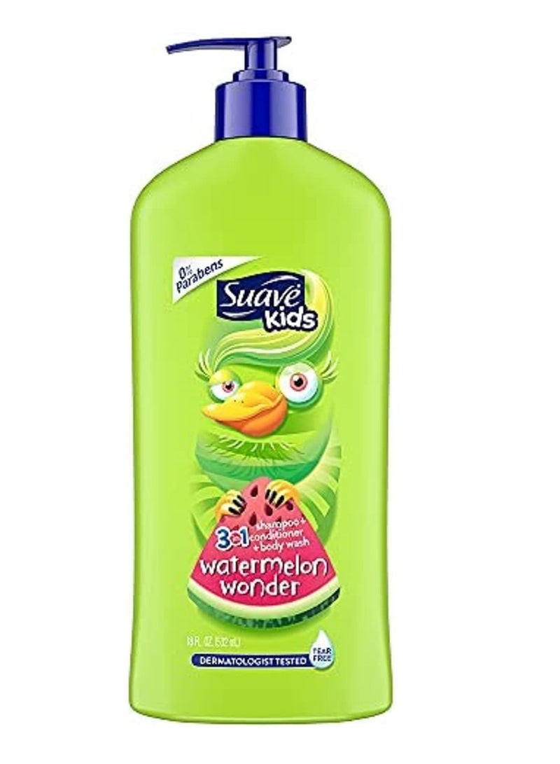 شامبو وبلسم وغسول للجسم 3 في 1 من Suave Kids لحمام أو دش خالٍ من الدموع، بنكهة البطيخ المجفف، تم اختباره من قبل أطباء الجلدية، 18 أونصة