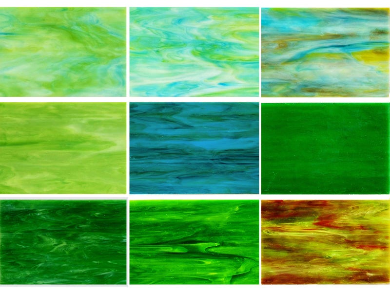 PALJOLLY 9 Pack Green Stained Glass Sheets, 4 x 6 inch Mosaic Glass Stained Glass Supplies for Beginners and Hobbyists Crafts Work Projects - Image 1