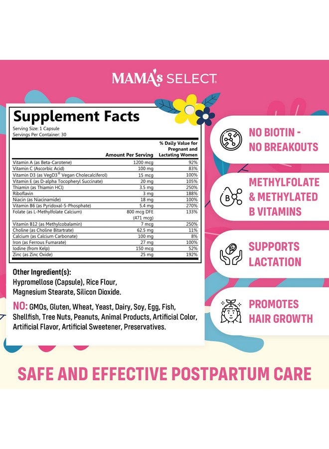 Mama's Select Postnatal Vitamins - Boosts Hair Recovery, Milk Supply, & Wellness - Allergen-Free, Vegan, MTHFR Friendly, Methylated Folate & B Vitamins, Easy-to-Swallow, No Biotin - 30 Capsules - Image 2