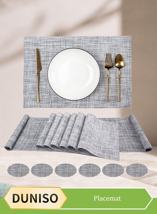 DUNISO طقم مفارش طاولة من PVC مقاوم للحرارة وغير قابل للانزلاق مع 6 مفارش و6 حوامل وكشاف طاولة (رمادي) (45*30 سم) - Image 1
