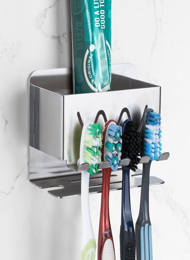 Linkidea Wall Mount Toothbrush Holder for Shower, 4 Slot Stainless Steel Adhesive Toothbrush and Toothpaste Hanger, Organizer Compatible with Colgate Extra Clean, Oral-B CrossAction(Silver) - Image 1
