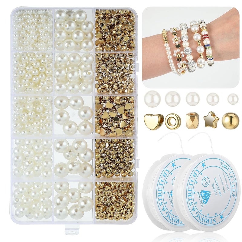 AHQiZFX 720Pcs Gold Beads for Friendship Bracelets Making Kit Pearl Beads and Gold Spacer Beads Set with String and Charms Gold Beads for Friendship Bracelets Making Kit for DIY Jewelry Art and Craft 