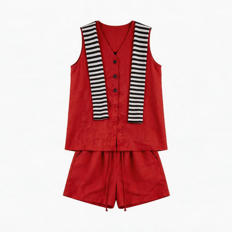 Women's Linen 3-Piece Set with Vest, Shorts & Sleeveless V-Neck Shirt - Image 5