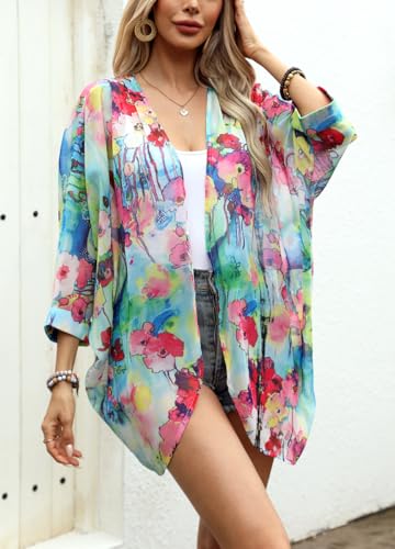 olrain Women's Floral Print Sheer Chiffon 3/4 Bat Sleeve Casual Loose Kimono Cardigan Capes (Medium, Color Floral) - Image 5