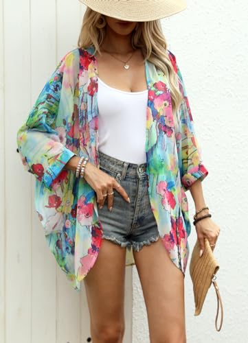 olrain Women's Floral Print Sheer Chiffon 3/4 Bat Sleeve Casual Loose Kimono Cardigan Capes (Medium, Color Floral) - Image 3