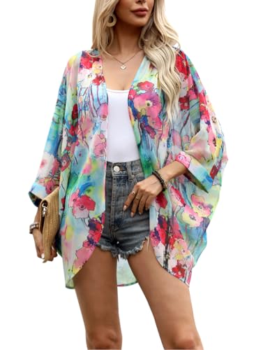 olrain Women's Floral Print Sheer Chiffon 3/4 Bat Sleeve Casual Loose Kimono Cardigan Capes (Medium, Color Floral) - Image 1