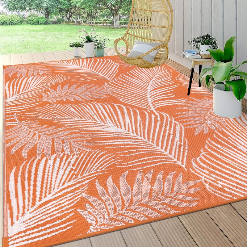 Pauwer Waterproof Outdoor Rug 6x9, Reversible Plastic Straw Patio Camping Rug, Indoor Outdoor RV Mat Carpet for Deck, Camper, Porch, Balcony, Backyard, Picnic, Leaf Orange - Image 1