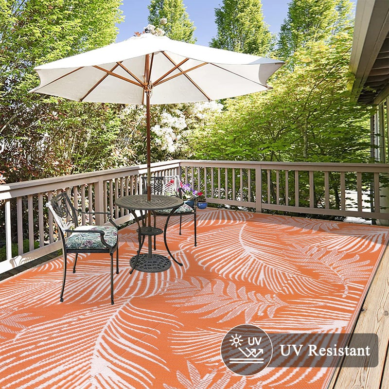 Pauwer Waterproof Outdoor Rug 6x9, Reversible Plastic Straw Patio Camping Rug, Indoor Outdoor RV Mat Carpet for Deck, Camper, Porch, Balcony, Backyard, Picnic, Leaf Orange - Image 3