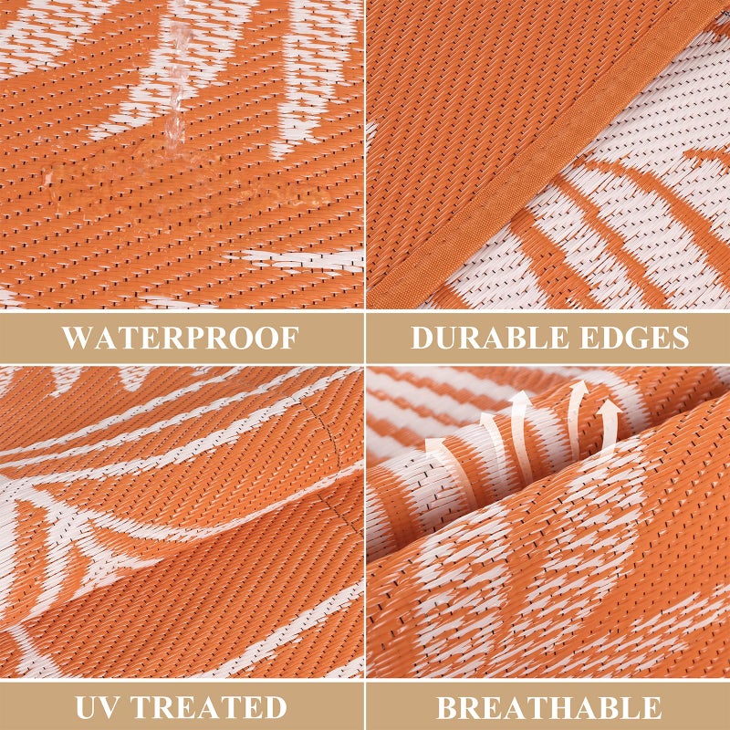 Pauwer Waterproof Outdoor Rug 6x9, Reversible Plastic Straw Patio Camping Rug, Indoor Outdoor RV Mat Carpet for Deck, Camper, Porch, Balcony, Backyard, Picnic, Leaf Orange - Image 2