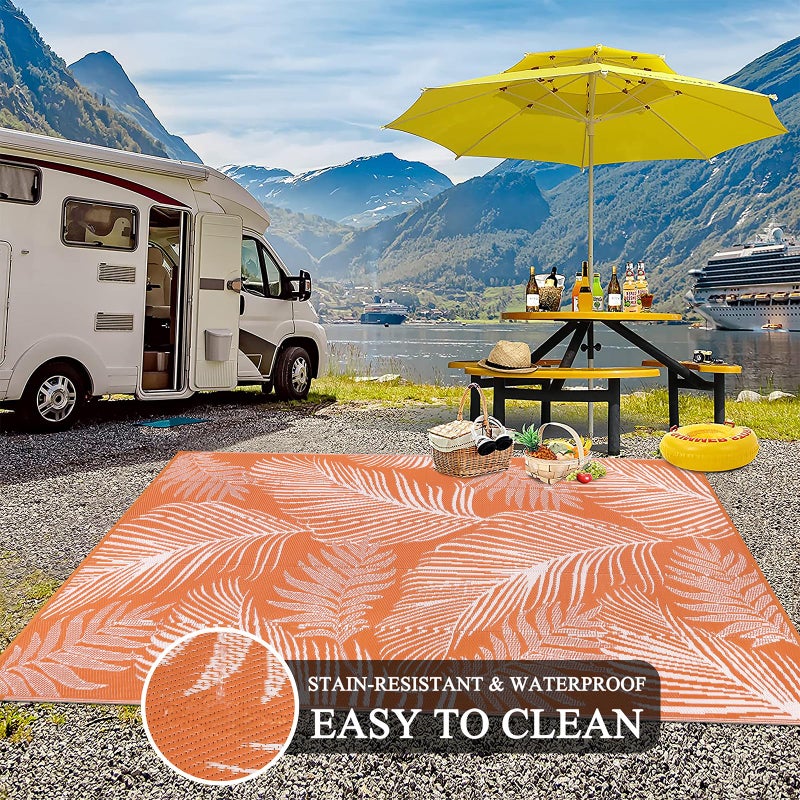 Pauwer Waterproof Outdoor Rug 6x9, Reversible Plastic Straw Patio Camping Rug, Indoor Outdoor RV Mat Carpet for Deck, Camper, Porch, Balcony, Backyard, Picnic, Leaf Orange - Image 5