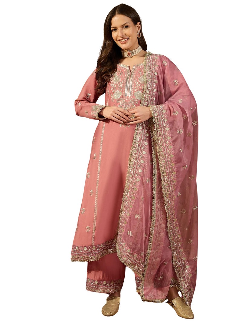 Vaamsi Women's Pink Silk Blend Embroidered Straight Solid Kurta Trousers With Dupatta Set | Festive Straight Kurta Set For Women | Solid Salwar Suit For Women (PKSKD2939, L) - Image 1