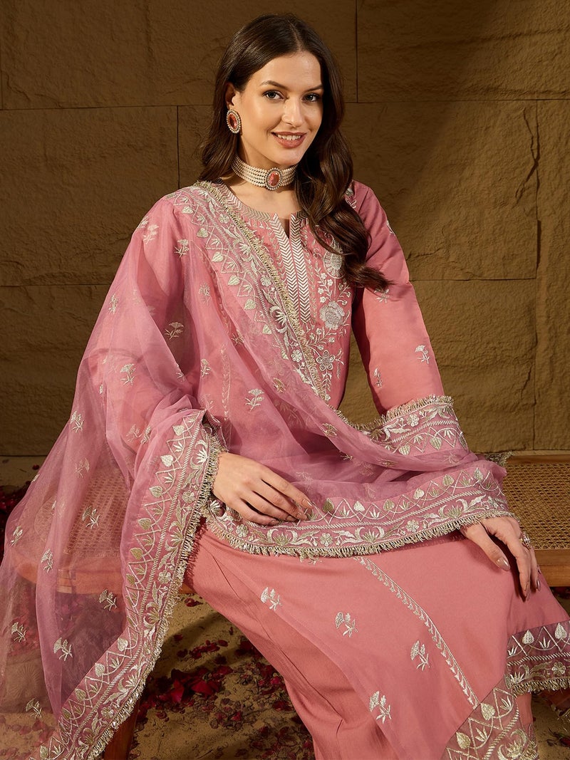 Vaamsi Women's Pink Silk Blend Embroidered Straight Solid Kurta Trousers With Dupatta Set | Festive Straight Kurta Set For Women | Solid Salwar Suit For Women (PKSKD2939, L) - Image 4