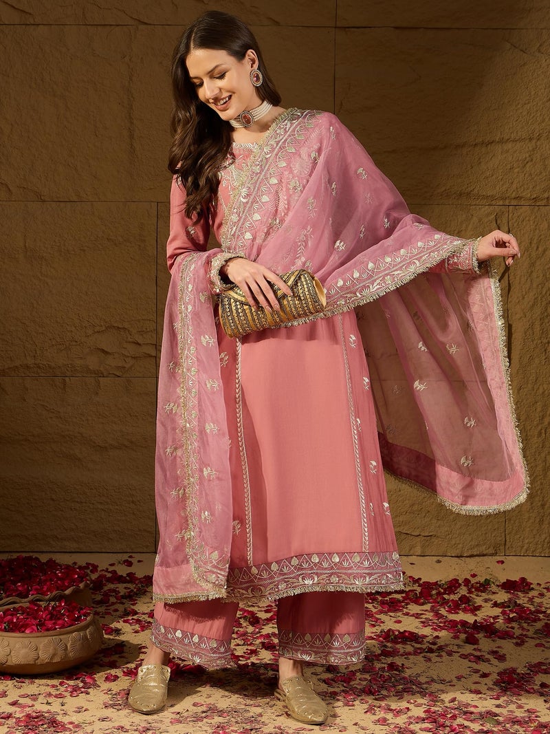 Vaamsi Women's Pink Silk Blend Embroidered Straight Solid Kurta Trousers With Dupatta Set | Festive Straight Kurta Set For Women | Solid Salwar Suit For Women (PKSKD2939, L) - Image 3
