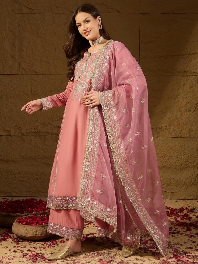 Vaamsi Women's Pink Silk Blend Embroidered Straight Solid Kurta Trousers With Dupatta Set | Festive Straight Kurta Set For Women | Solid Salwar Suit For Women (PKSKD2939, L) - Image 2