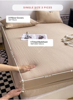LUNA Home 3-Piece Set: single-size fitted bedsheet and two pillowcases, washable cotton in a beige color.  - Image 2