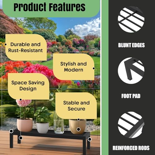 Pivalo Rectangle Plant Stand Anti-Rust Metal Flower Pot Holder Outdoor and Indoor Planters Gamla Stands for Balcony & Living Room Home Decor (Pack of 4, Black) - Image 3