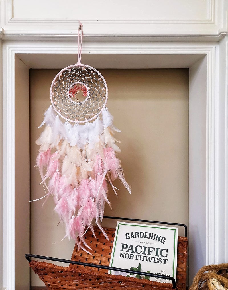 Dksuwe Dream Catchers  Pink Dream Catcher Tree Of Life Wall Decor  With Natural Healing Crystal Stone  Perfect Pink Crystal Handmade Dreamlike Dream Catchers For Girls Bedroom Decor Art Craft Gift - Image 4