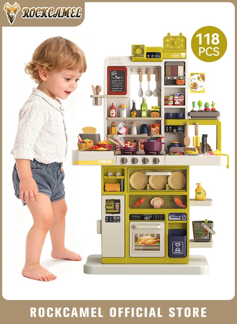 ROCKCAMEL مجموعة ألعاب مطبخ مكونة من 118 قطعة، ألعاب مطبخ بارتفاع 106 سم مع عادم دخان كهربائي، رذاذ واقعي، ملحقات طعام متغيرة الألوان في المطبخ، لعبة طبخ تفاعلية للأولاد والبنات - Image 1