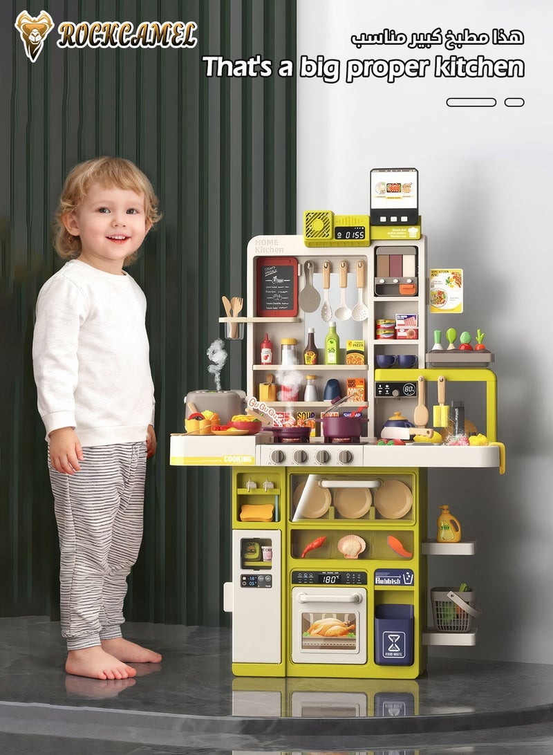 ROCKCAMEL مجموعة ألعاب مطبخ مكونة من 118 قطعة، ألعاب مطبخ بارتفاع 106 سم مع عادم دخان كهربائي، رذاذ واقعي، ملحقات طعام متغيرة الألوان في المطبخ، لعبة طبخ تفاعلية للأولاد والبنات - Image 2
