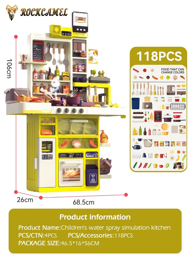 ROCKCAMEL مجموعة ألعاب مطبخ مكونة من 118 قطعة، ألعاب مطبخ بارتفاع 106 سم مع عادم دخان كهربائي، رذاذ واقعي، ملحقات طعام متغيرة الألوان في المطبخ، لعبة طبخ تفاعلية للأولاد والبنات - Image 3