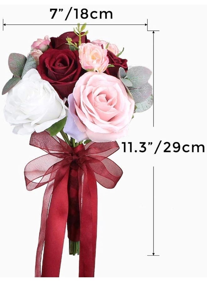 Rinlong Wedding Bouquet for Bride Bridal Bridesmaid Vintage Artificial Flowers Burgundy Silk Rose Baby's Breath Bouquet Home Wedding Decoration - Image 2