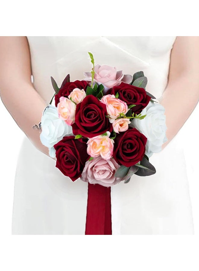 Rinlong Wedding Bouquet for Bride Bridal Bridesmaid Vintage Artificial Flowers Burgundy Silk Rose Baby's Breath Bouquet Home Wedding Decoration - Image 1