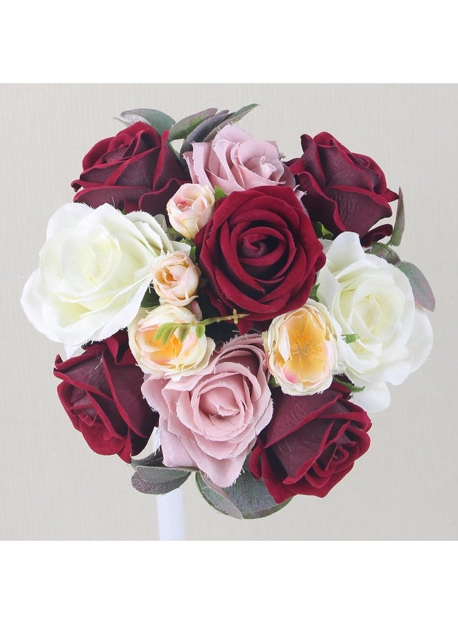 Rinlong Wedding Bouquet for Bride Bridal Bridesmaid Vintage Artificial Flowers Burgundy Silk Rose Baby's Breath Bouquet Home Wedding Decoration - Image 5